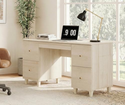 Image of WAMPAT 58 Inch Wood Desk with 4 Deep Drawers & Charging Station, Light Oak | Modern Executive Desk with Keyboard Storage Drawer, Home Office Large Wooden Computer Desk, Work & Study Writing Desk