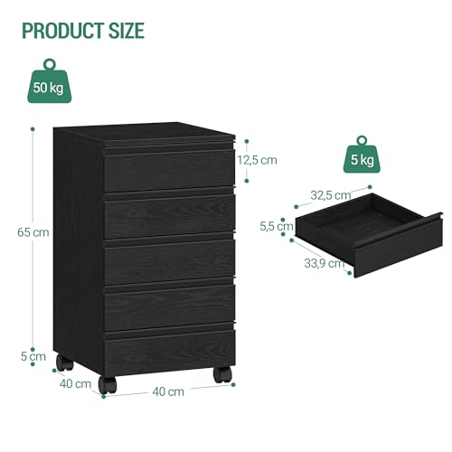 Miniatura 2 de Hzuaneri Cajonera Escritorio Con 5 Cajones, Ruedas, Archivador Móvil, Para Oficina, Estudio, Negro Fc55504x