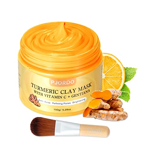 Pjordo Turmeric Vitamin C Clay Mask, Face Skin Care Clay Mask with Mask Brush for Deep Cleansing, Anti-Acne, Refining Pores Soothing and Brightening, Spa Facial Mask 150g/5.29 Oz, Perfect Gifts