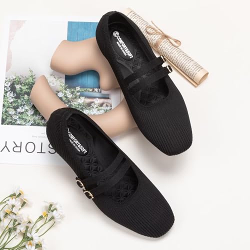 Image of Frank Mully Women's Flats Square Toe Mary Jane Shoes Ballet Flats with Strap Comfortable Slip On Knit Shoes Dressy Casual