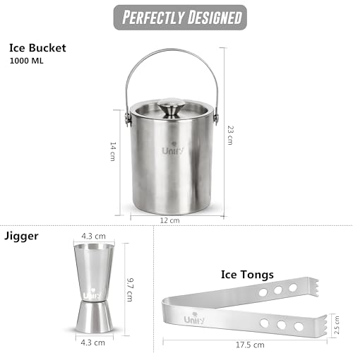Image of Unify 3 Pieces Stainless Steel Double Wall Ice Bucket Set (1 Litre) with Lid, Ice Tongs & 30 /60 ml Peg Measurer | Insulated Ice Bucket for Home Bar, Parties & Cocktails, Bar Accessories