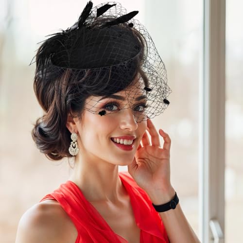 Vintage Schwarz Fascinator Hut Damen - Schleier Mesh Federn Pillbox Hut Kopfschmuck - 20er 50er Jahre Mode Haarschmuck Damen Elegante fur Hochzeitshut Tea Party Beerdigung Cocktail Teeparty Hüte