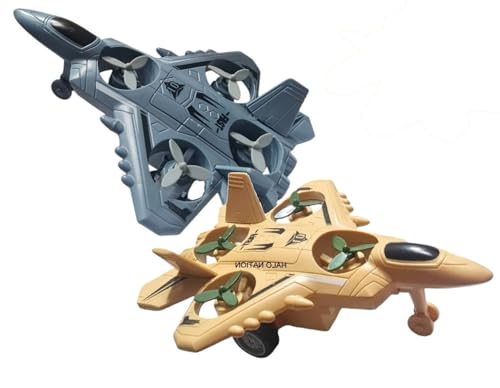 HALO NATION ® Unbreakable Fighter Jet Aircraft ABS Plastic Diecast Military Airplane Aircraft Inertia Powered Warplane with Rotating Fan Pack of 2