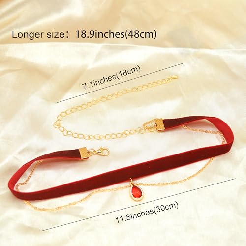 MOMOCAT Red Teardrop Velvet Double Layered Choker Necklace for Women Red Gothic Chokers Vampire Chocker Accessories Burgundy Statement Necklaces4