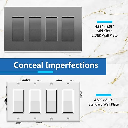 Image of LIDER Decorator Switch Cover, Screwless Wall Plate, Mid-Size 4-Gang 4.88 inch x 8.58 inch, LSWP-34M-SG, UL Listed, Thermoplastic, Matte Space Gray, 1-Pack