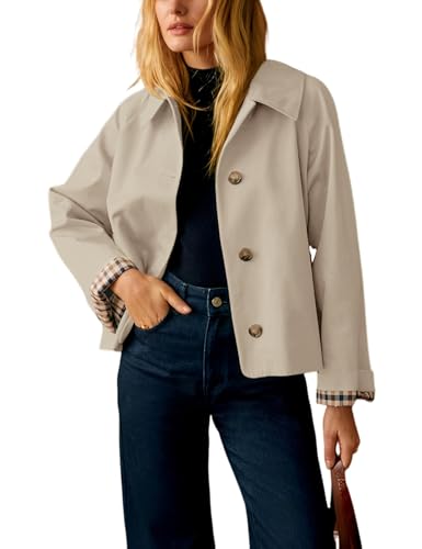 Yeokou Women Oversize Trench Coat Plaid Lining Lapel Button Down Casual Crop Jacket Outwear with Pockets(LightTaupe-S)
