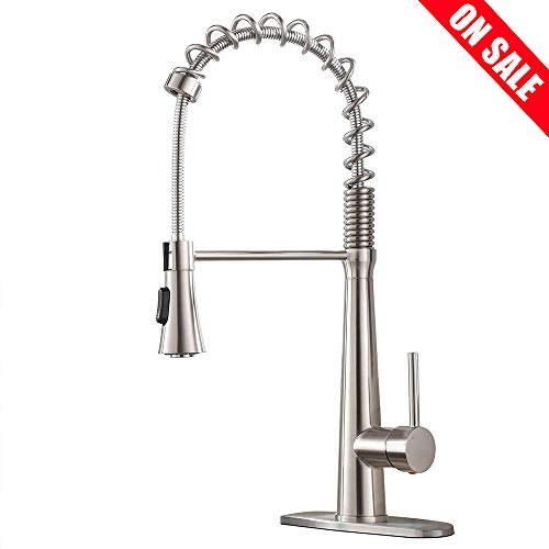 VAPSINT FST044L-D High-Arch 360 Degree Lead-Free Spring Single Handle, Pull Out Kitchen Sink Faucet (with Deck Plate), Brushed Nickel 44-D
