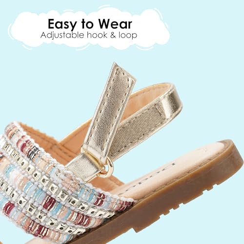 Image of Dodow Girls Sandals Open Toe Hook and Loop Flat Dress Sandals Summer Shoes for Toddler Little Kid