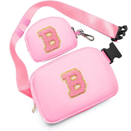 Birthday Gifts for 4 5 6 7 8 9 10 11 12 13 Year Old Girls, Crossbody Bags Fanny Pack with Initial Letter Patch Cute Stuff for Women Girls Teens (B, Pink)