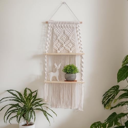 Étagère suspendue macramé bois boho tapisserie murale pour rangement plante et livre