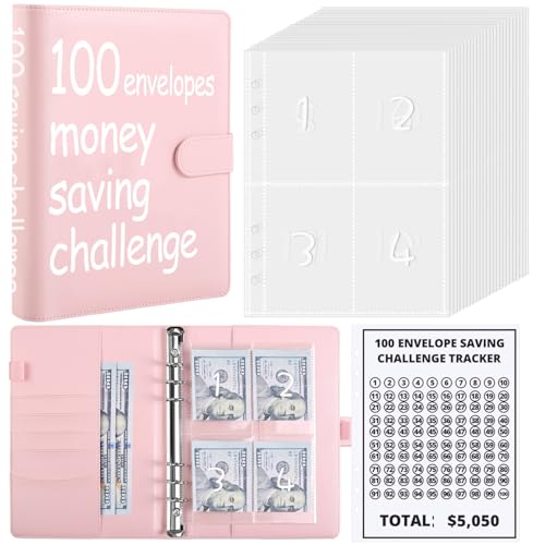 SKYDUE 100 Envelopes Money Savin Challenge Binder, A5 Money Saving Budget Binder with Cash Envelopes - Savings Challenges Book to Save $5,050
