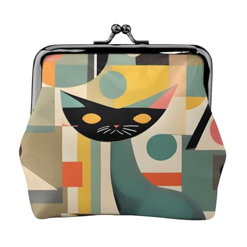 Mid-Century Modern Art Cat print Women's leather kiss lock coin wallet Portable wallet for office and travel