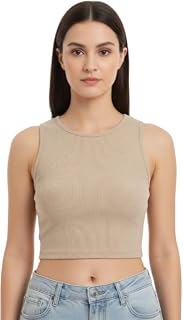 Women's Ribbed Crop Top, Sleeveless, Round Neck, Beige, Casual Style Price In India