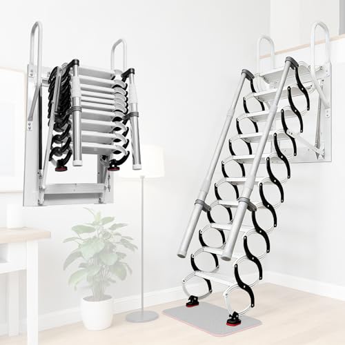 Scala a parete per mansarda, 12 gradini (2,95-3,05 m), scala retrattile larga 60 cm, scala per soppalco con braccioli all'aperto (12 gradini)