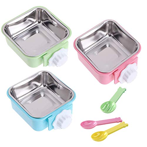 kathson 3PCS Crate Dog Bowl Hanging Cage Food Bowl Stainless Steel Removable Pet Food Spoon Water Feeder Bowls Coop Cup for Puppy Cat Bird Rabbit