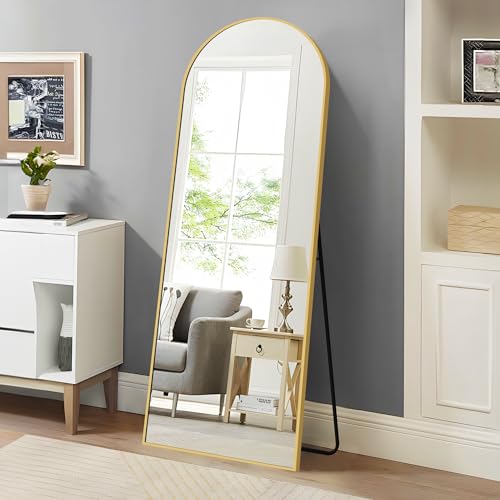 WOLIBEER Miroir sur Pied 165 x 60 cm, Grand Miroir Arqué en Pleine Longueur avec Cadre en Aluminium Doré, Miroir Mural sur Pied pour Salle de Bain, Chambre à Coucher, Entrée, Couloir, Vanité