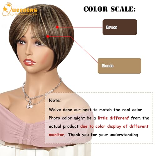 Image of 8 inch Short Synthetic Pixie Cut Wig for Women with Bang Brown Highlight Blonde