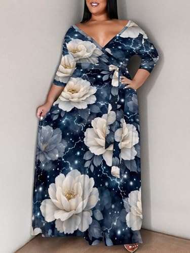 Image of SUZONANA Women's Plus Size Maxi Dresses Casual Loose Short Sleeve Long Maxi Dress with Belt Wedding