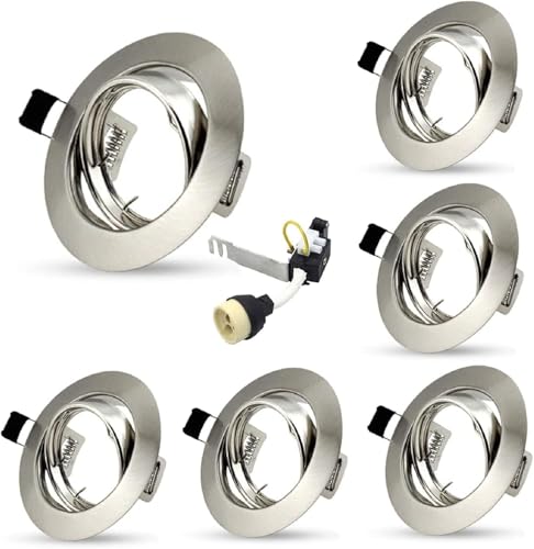 Allesgute 6X Recessed Ceiling Spotlights Round GU10 Downlight Fittings Brushed Chrome 30° Tilt Spotlight Fitting with Lampholders 240V, Cutout: Ø68-85mm, No Bulbs