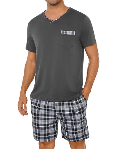 Leversic Pijamas de Verano Hombre 2 Piezas Corto Conjunto de Pijama a Cuadros con Cuello en V Cortos para Dormir con Bolsillos S-3XL(Gris Oscuro,M)