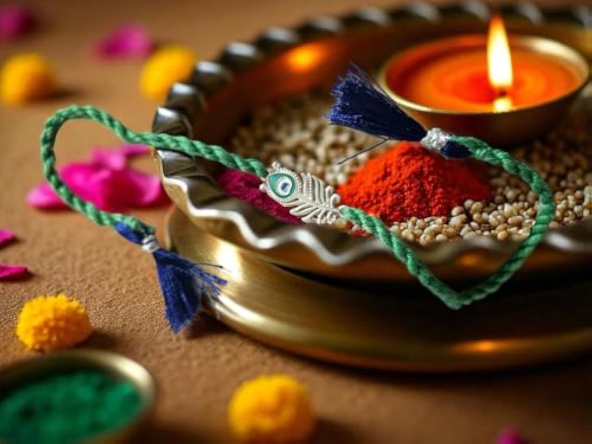 925 Silver Peacock Feather Rakhi with Kumkum & Chawal Bottle