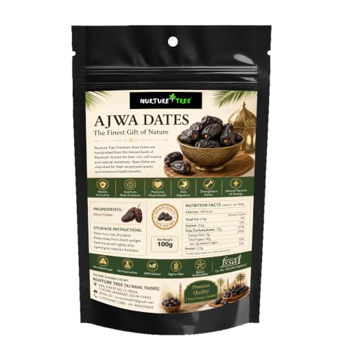 Image of Nurture Tree Premium Saudi Ajwa Dates (Khajoor /Khajur) 100g, 100% Natural Soft and Delicious Arabian Dates in Fresh, Khajur Dry Fruits, No Artificial Colours, Gluten Free, No Added Sugars
