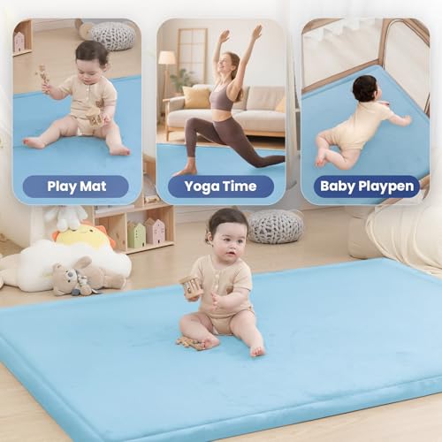 Image of Baby Play Mat for Floor,1.3 inch Thick Elasti-Foam 50x50 Playpen Mat for Toddlers Infant kids,Water-Repellent Soft Coral Velvet for Tummy Time,Non-Slip Backing for Crawling,Tatami Style(Light Blue)