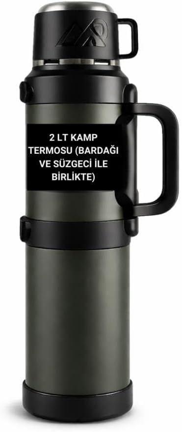 Coofbe Profesyonel 68 Oz Pasianmaz Çelik 2 Litre Kamp Termosu Bardaklı Termos 24 Saat Sıcak 36 Saat Soğuk Taşınabilir Çelik 2Lt Kamp Termosu Yeşil