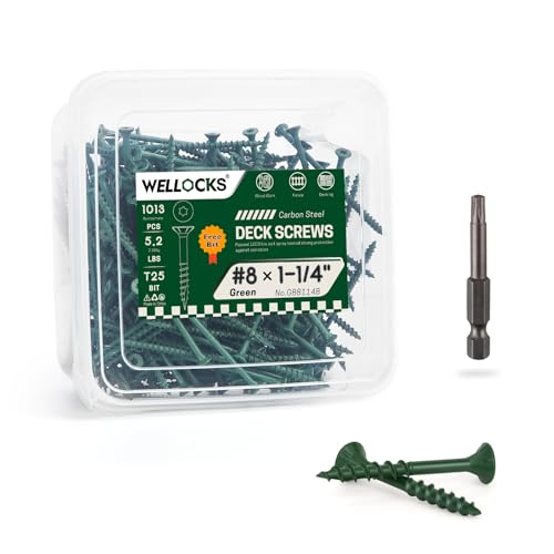 Image of WELLOCKS #8 x 1-1 /4 in Green Deck Screws, 5.2 lbs with T25 Bit | T25 Bit Included, Epoxy Coated Screws for Outdoor Trim, Fence Boards, Deck Boards, and Repairs.