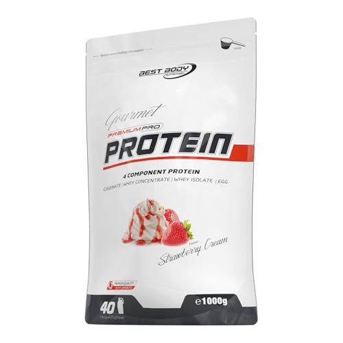 Best Body Nutrition Gourmet Premium Pro Protein Strawberry Cream 1000g, 4 Komponenten Eiweißpulver mit Caseinat, Whey, Isolat, Eiprotein – Mehrkomponenten Protein, cremiger Shake