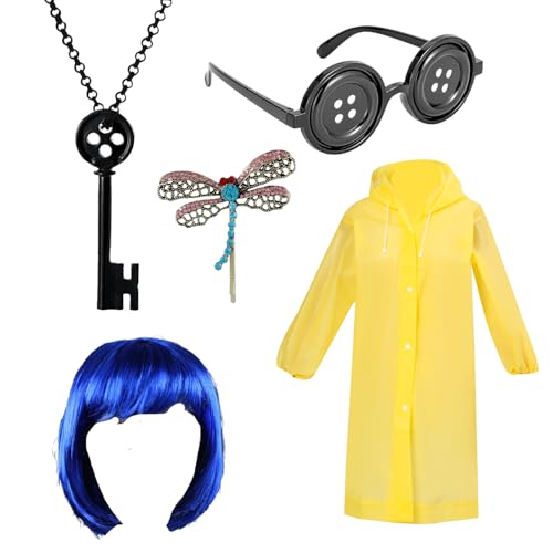 DVOFU 5Pieces Halloween Cosplay Costume Accessories Set Yellow Raincoat and Navy Blue Wig Eyes Glasses Key Necklace Dragonfly Hair Clips