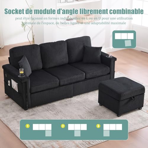 KOMHTOM Canapé 3 Places en L avec 2 Ttiroirs, Tabouret de Rangement, Lampe LED, Port USB/Type-C et Cadre en Bois - Canapé Velours Côtelé Multifonctionnel (Noir, B) – vue 8