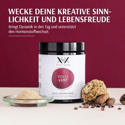 XbyX Volle Lust 90 g | 30 Portionen | Mehr Energie & Lebenslust | Mit Macawurzel Extrakt (5:1), L-Arginin und Rohkakao plus Vitamin B5 | Ohne Zuckerzusatz oder Süßungsmittel | Aus Deutschland