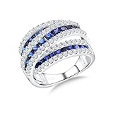RANDES Sapphire Rings for Women 925 Sterling Silver Crossover Statement Ring 3 Row Princess Cut Blue Stone Wide Band Cocktail Rings Size 8
