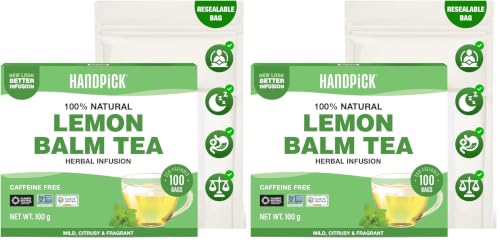 Image of HANDPICK Lemon Balm Tea Bags - 100 Count | 100% Pure & Naturally Dried | Caffeine-Free Herbal Tea with Citrus Flavor & Aroma | Premium Lemon Balm Leaf (Pack of 2)