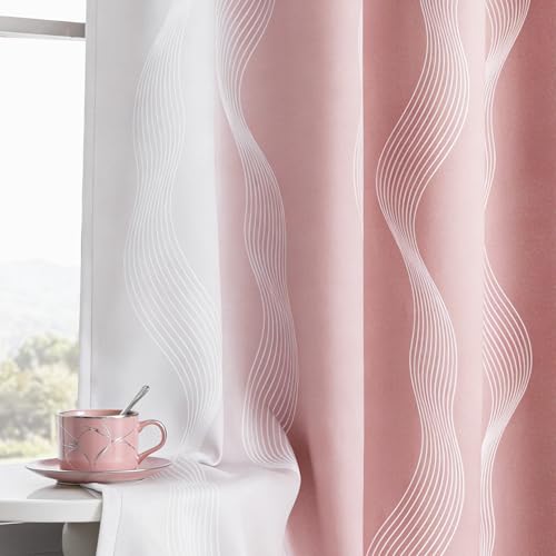 Image of MYSKY HOME Pink and Greyish White 95% Blackout Ombre Curtains 84 inch Long 2 Panels for Girls Bedroom Geometric Pattern Thermal Insulated Wave Line Foil Print Design Grommet Window Curtains, 52 inch Wide