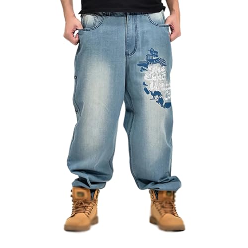 XYGJZ Men's Baggy Jeans Hip-hop Letter Printed Denim Pants Loose Fit Dance Skater Skateboard Pants