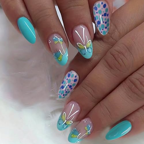 VOTACOS Green French Tip Press on Nails Almond Medium Nude Acrylic Fake Nails Press Ons with Designs 24PCS Butterfly Spot Patterns Glue on Nail for Women Reusable Artificial Stick on False Nail — view 2
