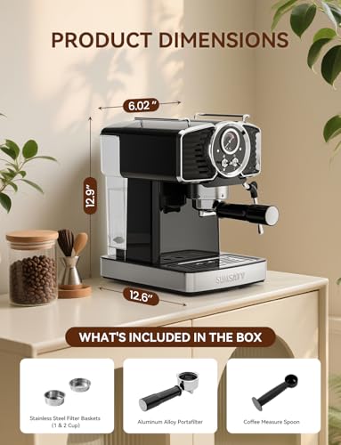 Image of SUMSATY 20 Bar Espresso Machine Retro with Powerful Milk Frother, Black | Visual Pressure Gauge Espresso Coffee Machine 1350W Fast Heating Home Barista for Cappucino Latte Maker, 61oz Water Tank