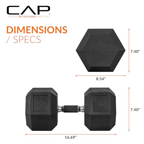 Image of CAP Rubber Coated Dumbbell Weights, Free Weights for Home Gym Strength Training, Anti-Roll Hex Dumbbells with Black, Chrome & Comfort Grip Handles, Singles