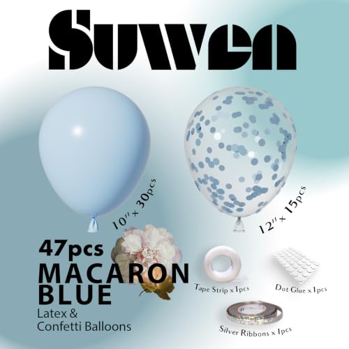 Image of SUWEN 47PCS Light Pastel Blue and Confetti Latex Balloons Set | Blue Helium Balloon for Birthday Anniversary Gender Reveal Party Decorations