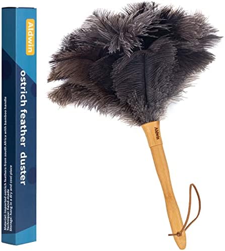 Aldwin Ostrich Feather Duster, 16 inch Gray Ostrich Feathers with Wood Handle, Reusable and Washable Car Dusters, Eco-Friendly Cleaning Dusters for Home, Office and Kitchen