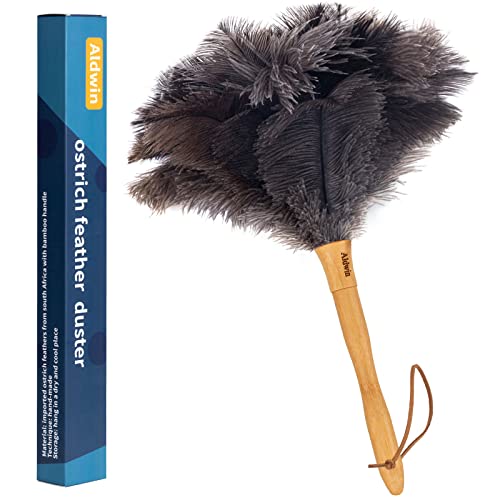 Ostrich Feather Duster, 16 inch Gray Genuine Ostrich Feather Duster with Wood Handle, Reusable and Washable Car Dusters, Eco-Friendly Cleaning Dusters for Home, Office and Kitchen