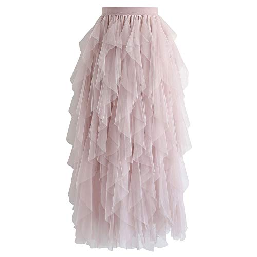 Chicwish Women's Pink Tiered Layered Mesh Ballet Prom Party Tulle Tutu A-line Midi Skirt