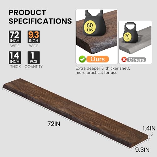 Image of Floating Shelves for Wall, 72 inchx9.3 inch Rustic Solid Live-Edge Elm Wood Wall Shelves, Heavy-Duty Floating Shelves with Invisible Brackets, Set of 2 for Living Room, Bedroom, and Kitchen, Walnut Finish