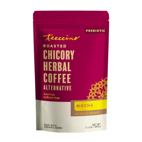 Teeccino Mocha Chicory Coffee Alternative, 1.1 Pound - Ground Herbal Coffee That’s Prebiotic, Caffeine-Free & Acid Free, Medium Roast