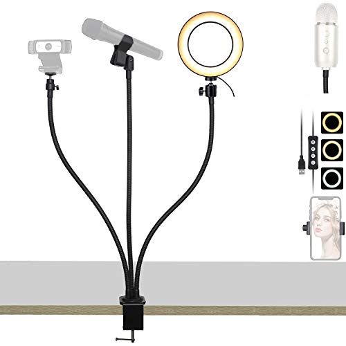 3in1 Webcam Mount with Webcam Lighting and Microphone Clip,3 Flexible Arms 25 inch Stand Holder Compatible with Logitech C920s C920 C930e C922 C925e Brio, Compatible with iPhone and Cell Phones
