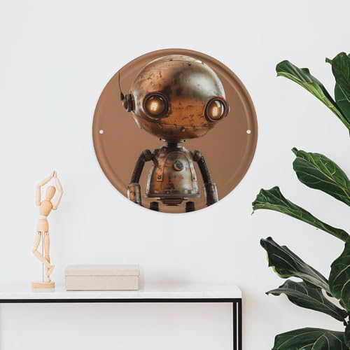 Image of 11.8 X 11.8 Inches Circular Iron Hanging Picture Little Brown Robot Printed Modern Iron Plate Hanging Painting Round Art Hanging Picture for Home Wall Decor