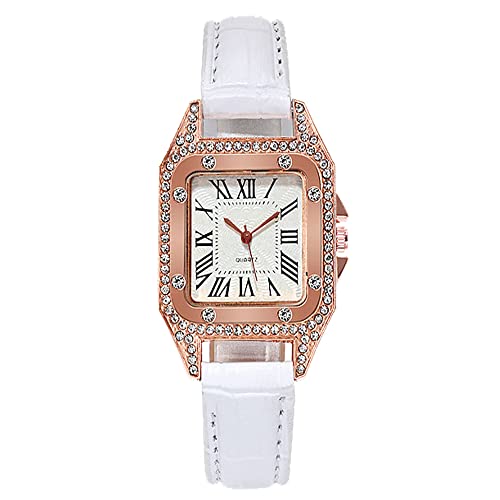 Damen Zifferblatt Quarz Uhr, modische Damen Watch, Analog Quarz Armbanduhr mit Lederarmband, Damenuhr, Armbanduhr, Metallic-Ziffernblatt, Glänzende Uhr mit Strasssteinen (Weiß) Cover