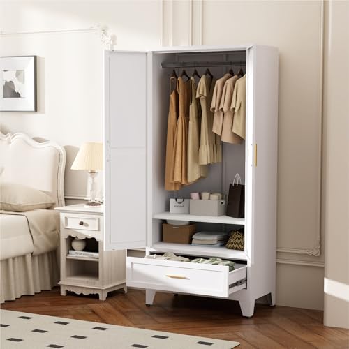 Image of Metal Wardrobe Closet for Bedroom, 71 inch Freestanding Armoire Wardrobe with Drawer and Shelf, Hanging Rod Clothing Storage Cabinet with Two Doors, Tall Farmhouse Clothes Cabinet Bedroom Armoires